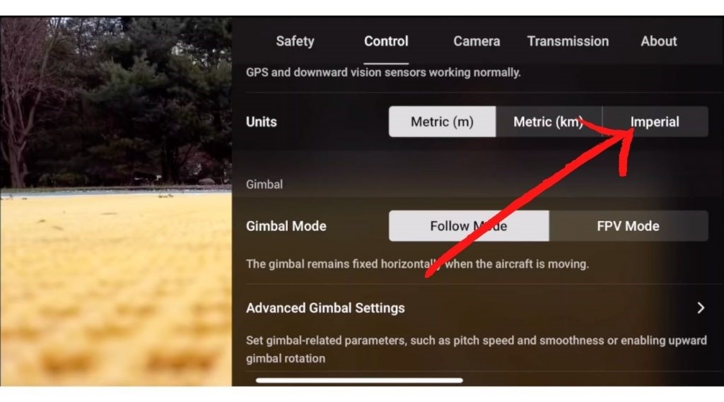Как изменить единицы измерения на футы в приложении DJI Fly? снимок экрана приложения dji fly для переключения с метрических единиц на имперские