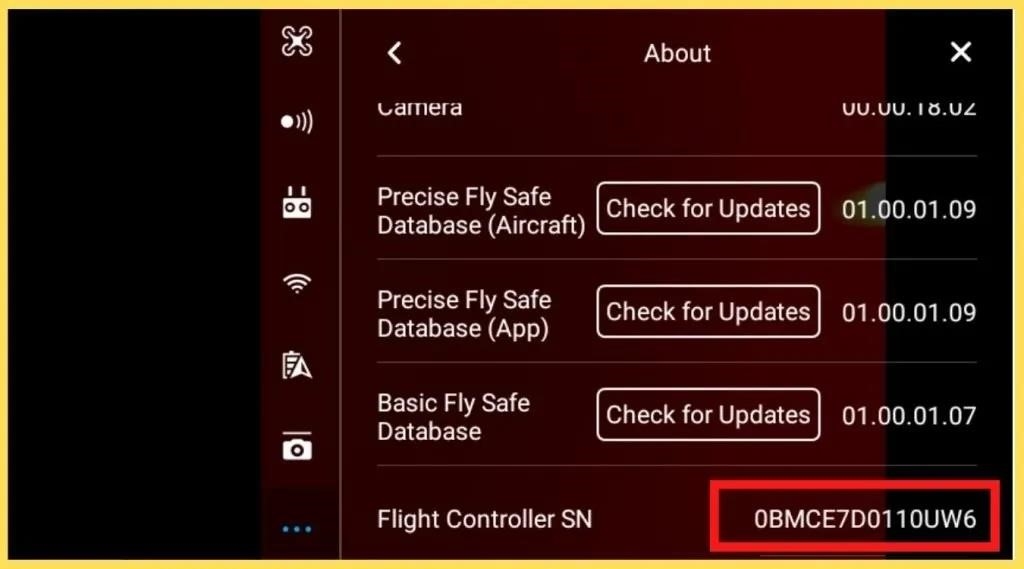 Расположение серийного номера DJI Spark Проверьте серийный номер в приложении DJI Go.